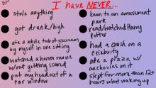 Never Have I Ever checklist edition